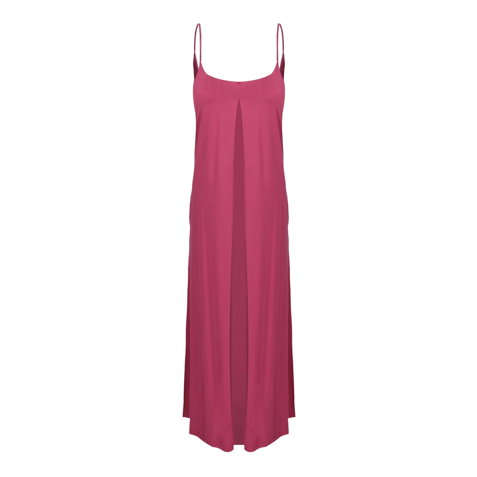 A sangria color bamboo low back maxi dress with adjustable spaghetti straps and a flowy silhouette.