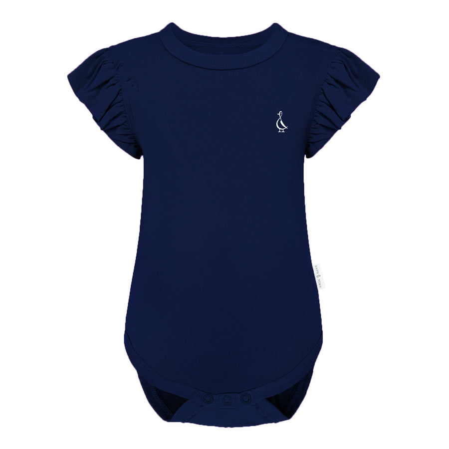 Premium Bamboo Frill Sleeve Baby Onesie - Navy Blue