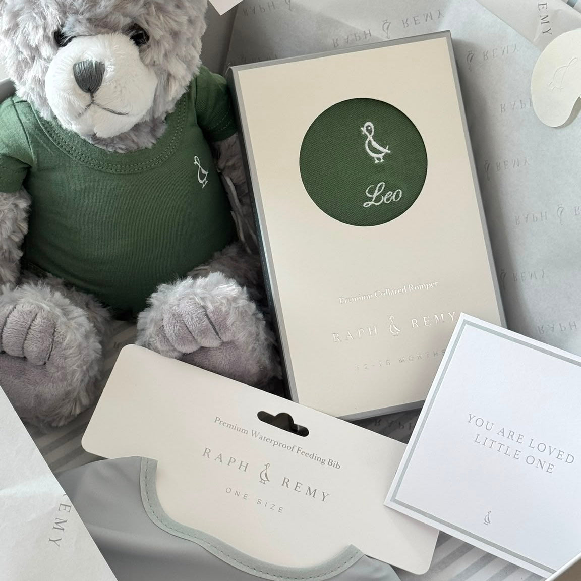 Inside the RAPH&REMY 1st Birthday Box: Timeless Teddy and personalised gift card, ready to ship