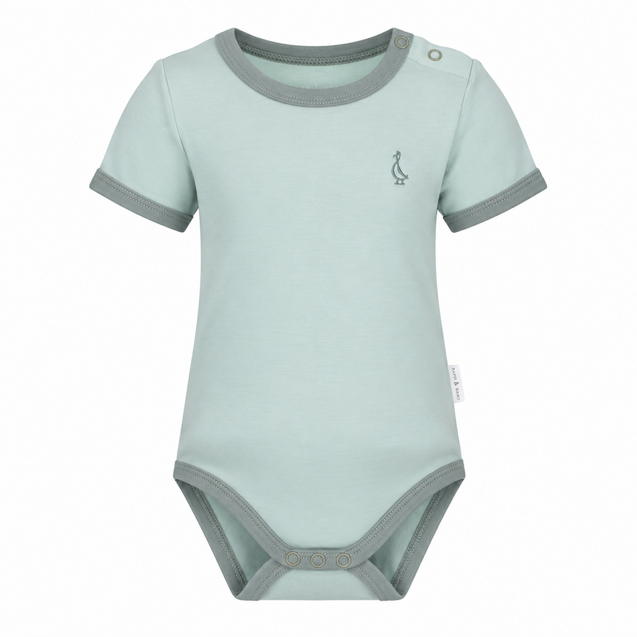 Pale Mint Colour Pop bamboo baby onesie with sage trim by RAPH&REMY