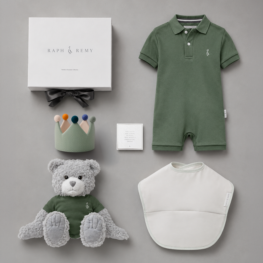 1st Birthday Box gift set in Army Green: Collared Romper, Pistachio Green Birthday Crown, Army Green Timeless Teddy and White Feeding Bib, ready to ship in Singapore