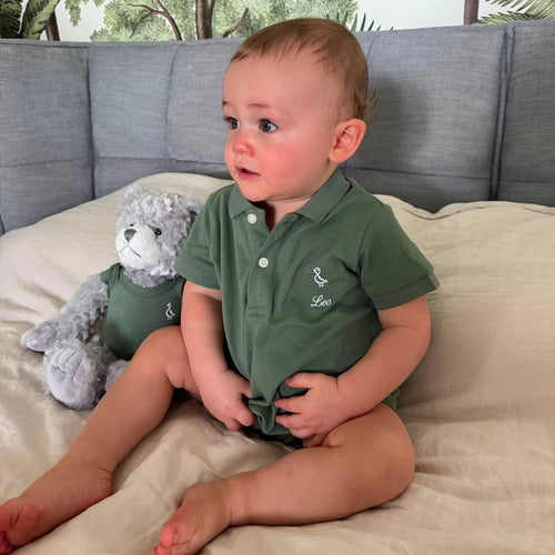 Baby wearing the RAPH&REMY Army Green Collared Romper