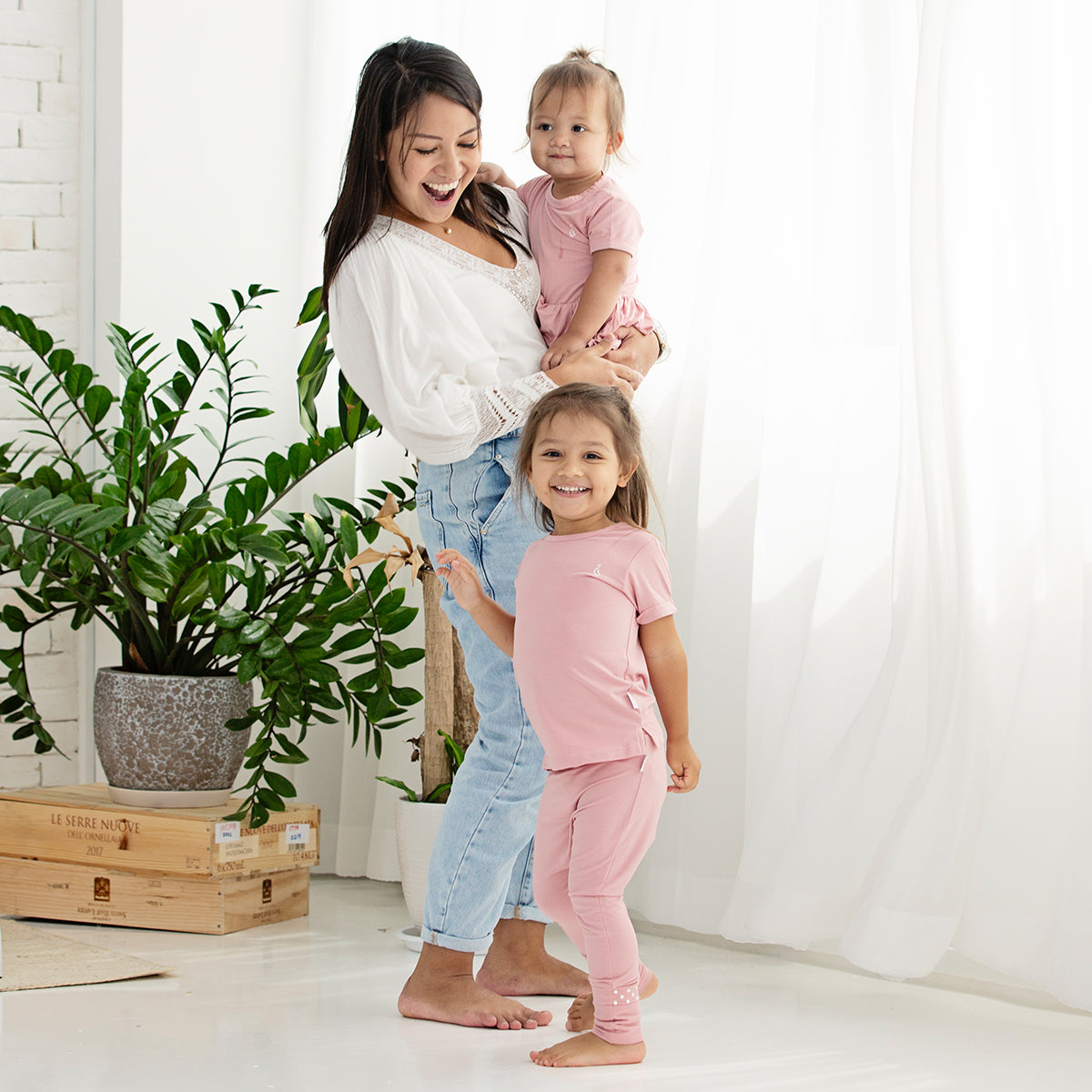 Mom and her baby and toddler wearing Premium Bamboo Baby Leggings by RAPH&REMY®