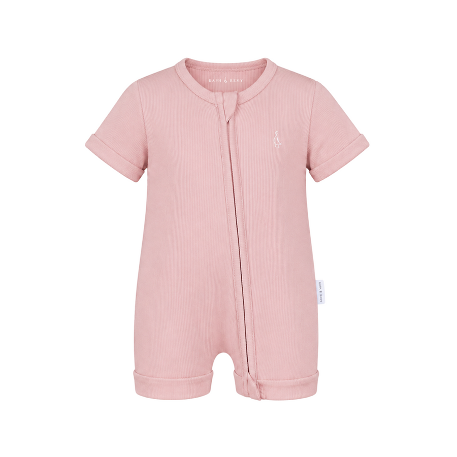 Premium Bamboo Ribbed Zippie Bodysuit - Short Sleeve - Dusty Pink