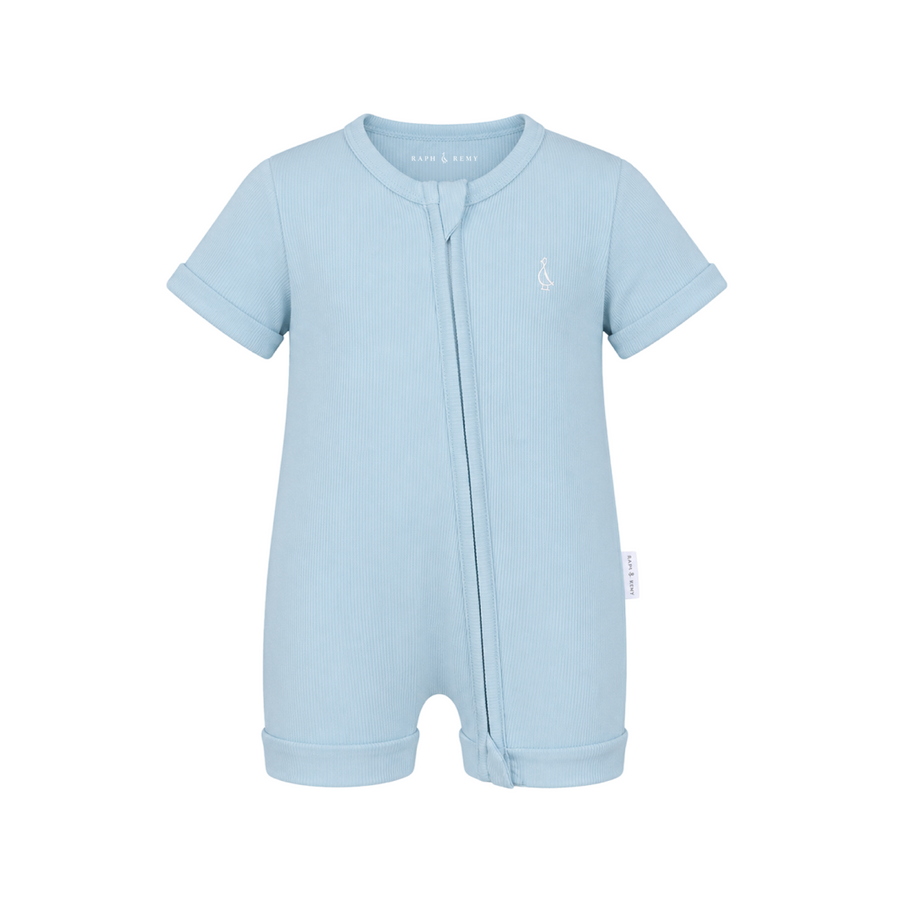 Premium Bamboo Ribbed Zippie Bodysuit - Short Sleeve - Sky Blue