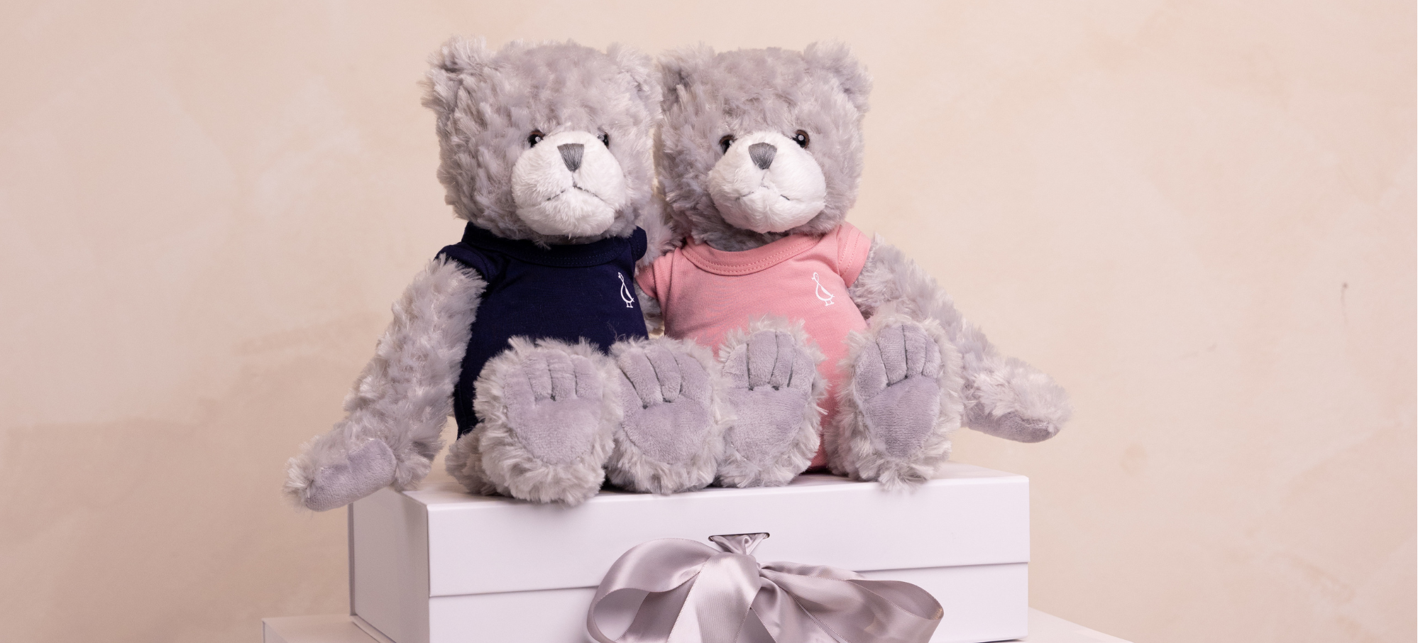 Two plush gray teddy bears sitting on stacked white gift boxes with satin bows, against a soft beige background. One bear wears a navy top and the other wears a pink top, with a small card beside the boxes.