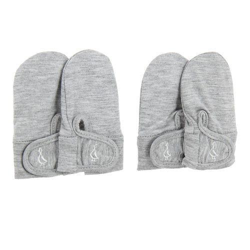 Two pairs of gray bamboo baby mittens with adjustable velcro closures.