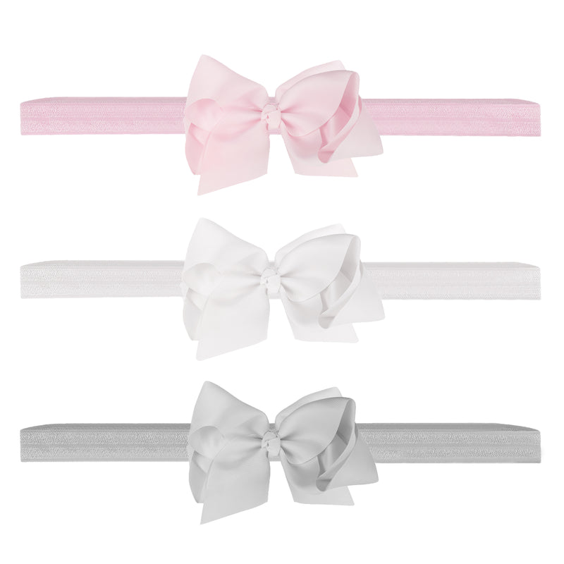 Premium 2.5" Newborn Baby Headbands or Clips Trio Pack - Pink/White/Grey
